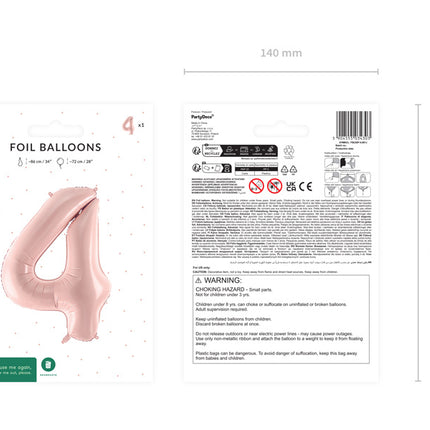 4 års figurballong ljusrosa tom 72 cm