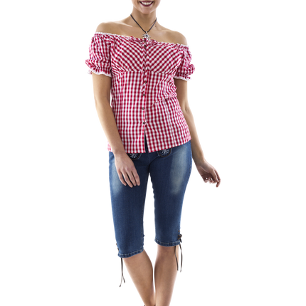 Carmenblus röd- och vitrutig, rosettband