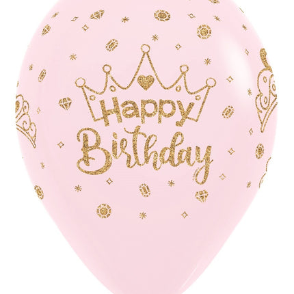 Ballonger Happy Birthday Kronor Glitter Ink Pastell Matt Rosa 30cm 25st