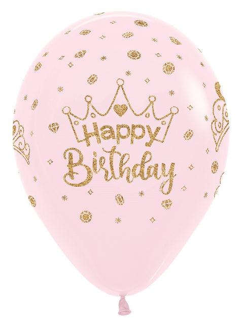 Ballonger Happy Birthday Kronor Glitter Ink Pastell Matt Rosa 30cm 25st