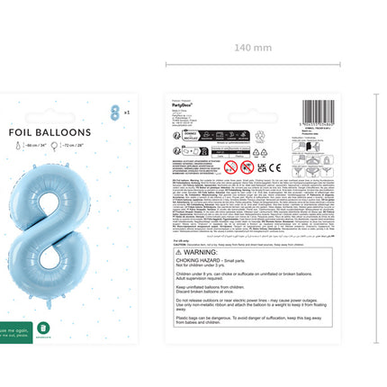 8 års figurballong ljusblå tom 72 cm