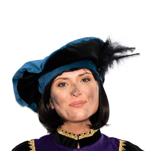Pietenbaret sammet med fjäder blå/svart