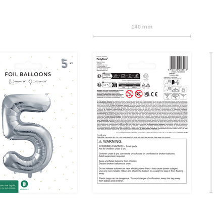 5 års figurballong silver tom 72 cm