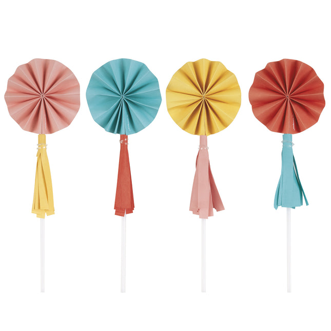 Färgade cupcake toppers Mini solfjäder med tofsar 8st