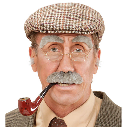 Grå falsk mustasch och ögonbryn 2 delar