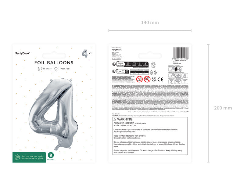 4 års figurballong silver tom 72 cm