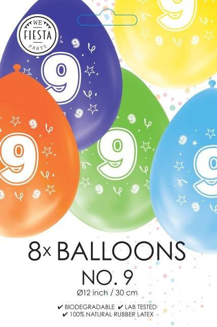 Färgade ballonger 9 år 30cm 8st