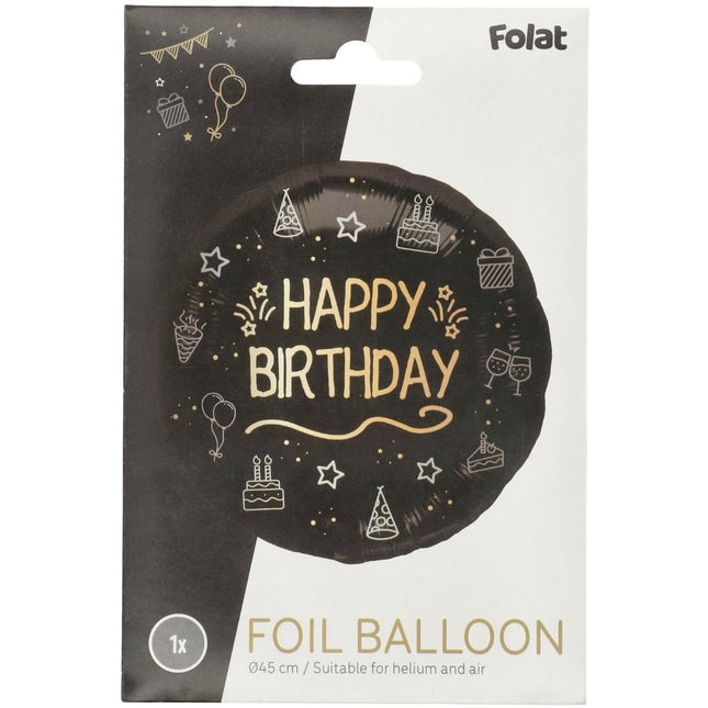 Happy Birthday Heliumballong Svart Guld Tom 45cm