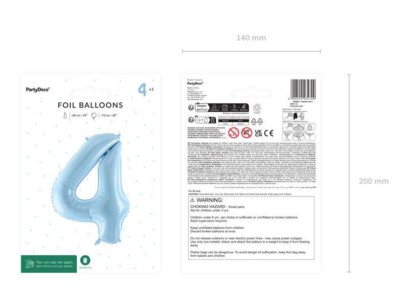 4 års figurballong ljusblå tom 72 cm