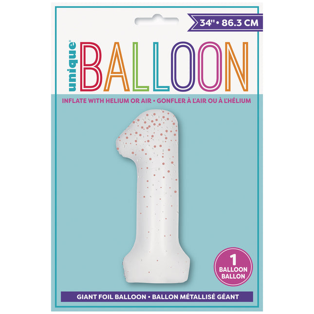 1 års figurballong vita prickar 86 cm