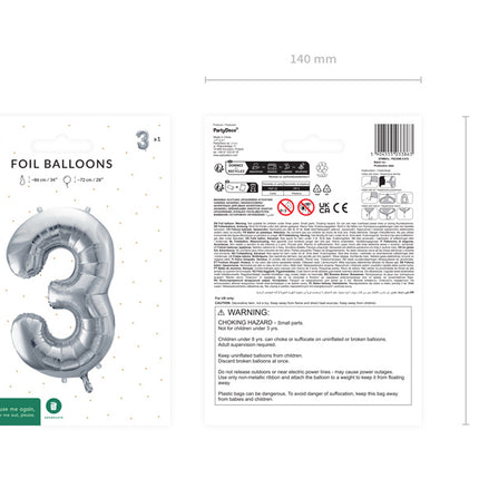 3 års figurballong silver tom 72 cm