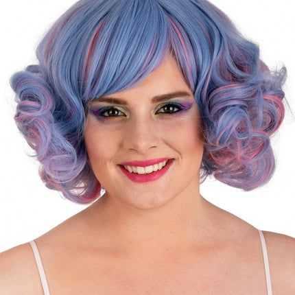 Peruk Arlene Kort med lockar Pastellblå och rosa