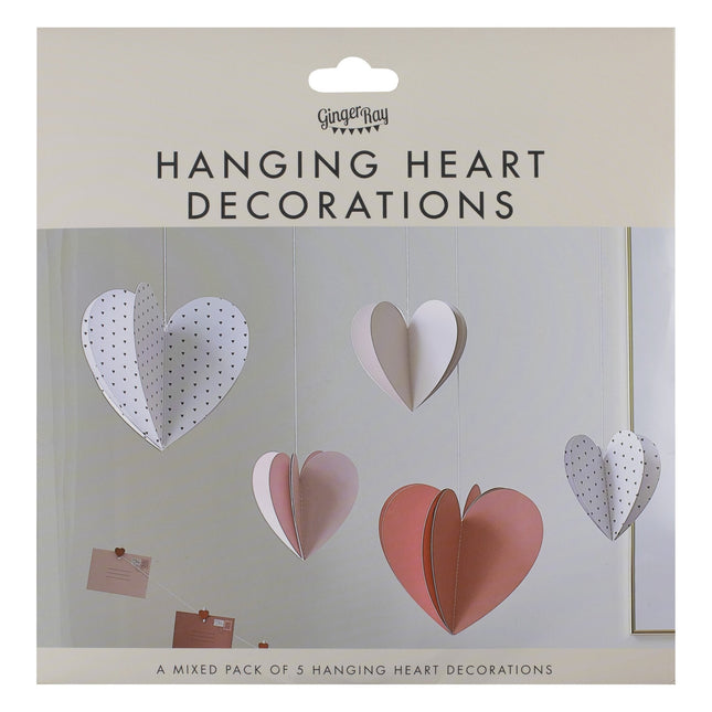Rödrosa hängande dekoration Hjärtan 5st