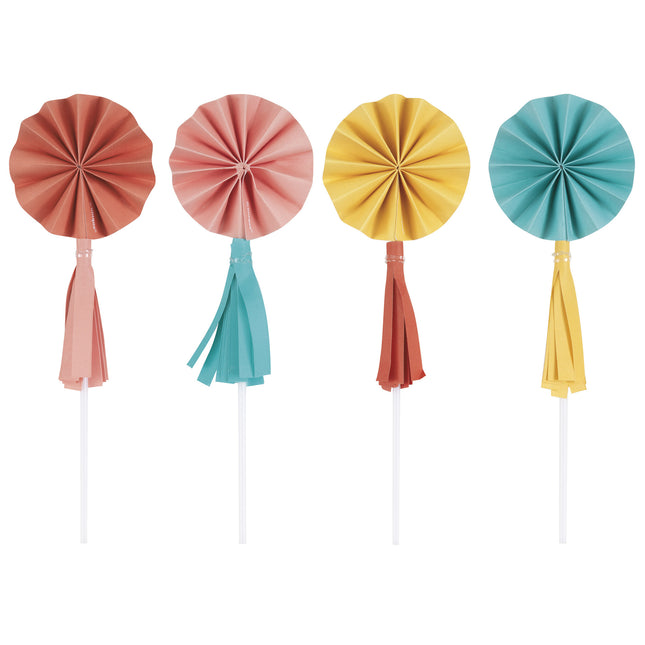 Färgade cupcake toppers Mini solfjäder med tofsar 8st