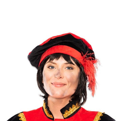 Pietenbaret sammet med fjäder röd/svart