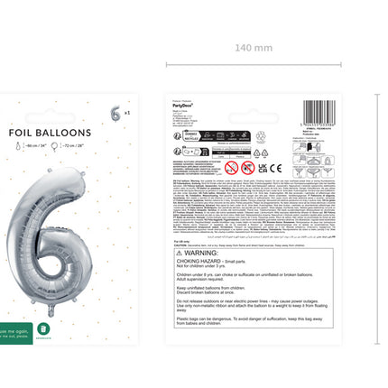 6 års figurballong silver tom 72 cm