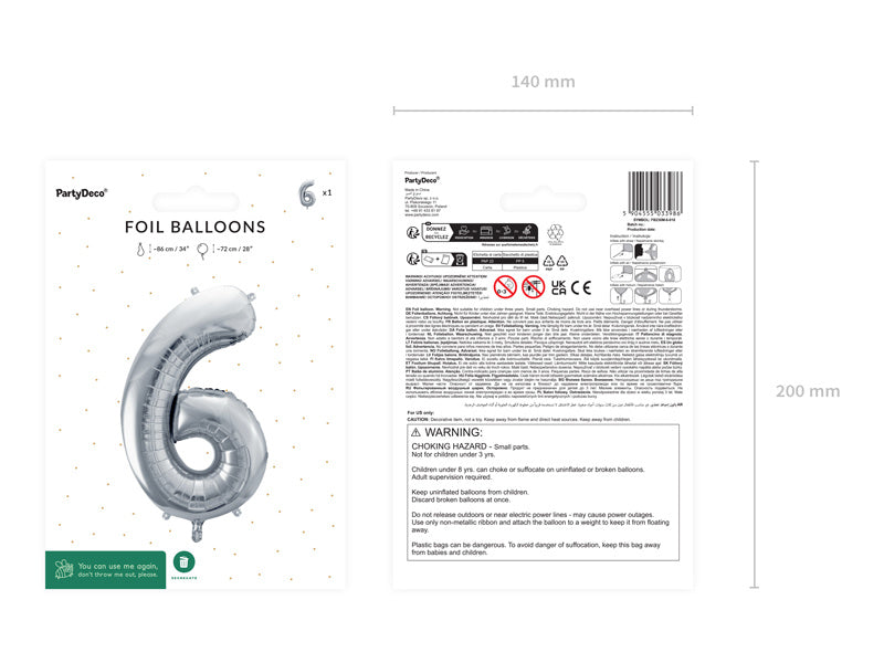 6 års figurballong silver tom 72 cm