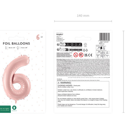 6 års figurballong ljusrosa tom 72 cm