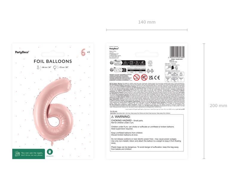 6 års figurballong ljusrosa tom 72 cm