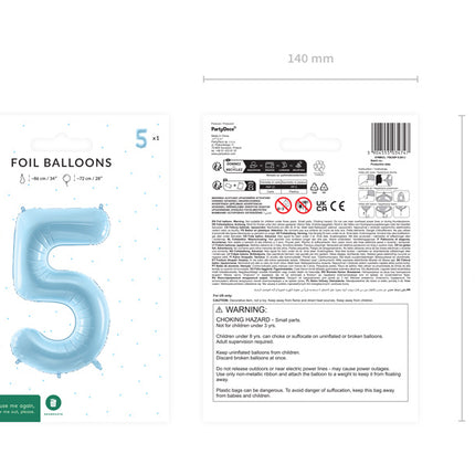 5 års figurballong ljusblå tom 72 cm