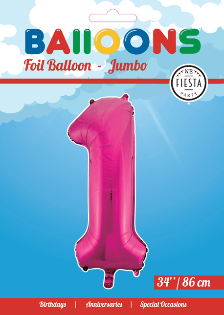 Folie Ballon Cijfer 1 Fuchsia XL 86cm leeg van WeFiesta koop je bij Partywinkel