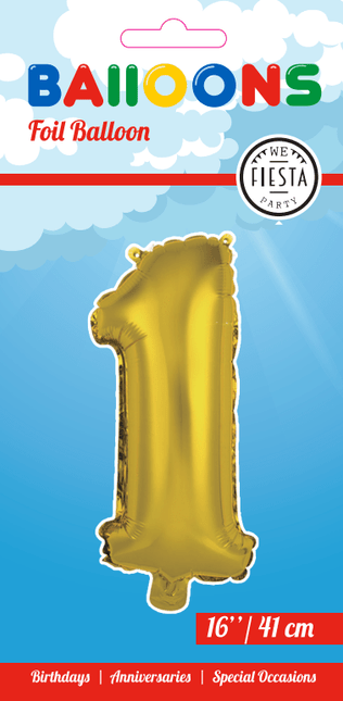 Folie Ballon Cijfer 1 Goud 41cm met Rietje van WeFiesta koop je bij Partywinkel