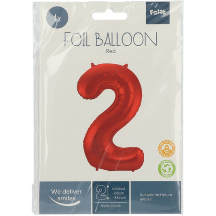Folie Ballon Cijfer 2 Mat Rood XL 86cm leeg van Folat koop je bij Partywinkel