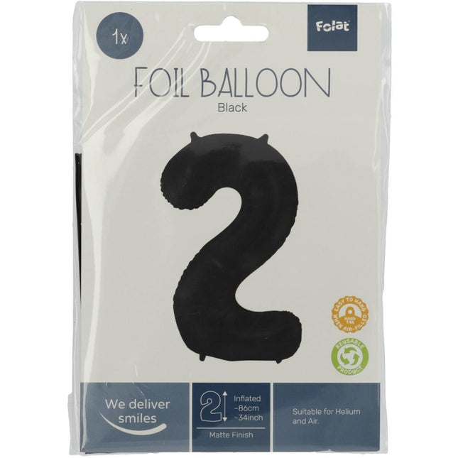 Folie Ballon Cijfer 2 Mat Zwart XL 86cm leeg van Folat koop je bij Partywinkel