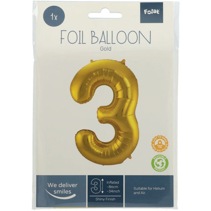 Folie Ballon Cijfer 3 Goud Metallic XL 86cm leeg van Folat koop je bij Partywinkel
