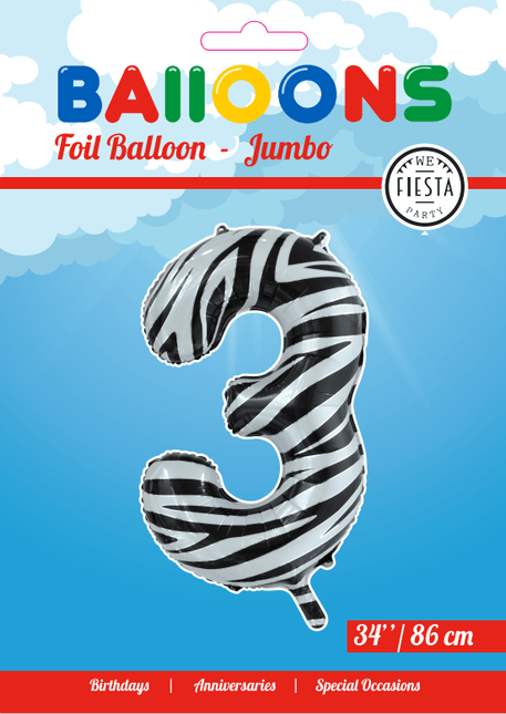Folie Ballon Cijfer 3 Zebra XL 86cm leeg van WeFiesta koop je bij Partywinkel