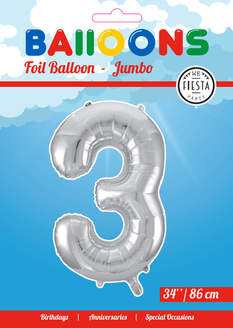 Folie Ballon Cijfer 3 Zilver XL 86cm leeg van WeFiesta koop je bij Partywinkel
