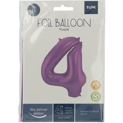 Folie Ballon Cijfer 4 Mat Paars XL 86cm leeg van Folat koop je bij Partywinkel