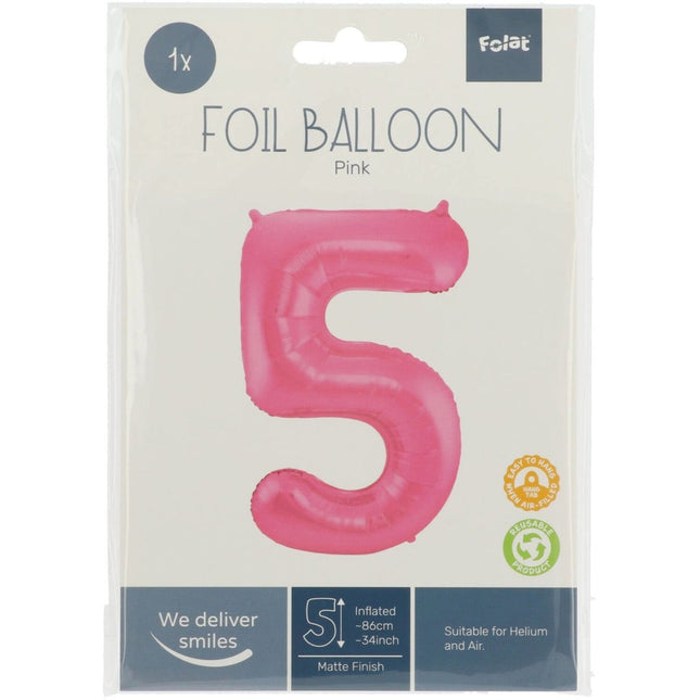 Folie Ballon Cijfer 5 Mat Roze XL 86cm leeg van Folat koop je bij Partywinkel