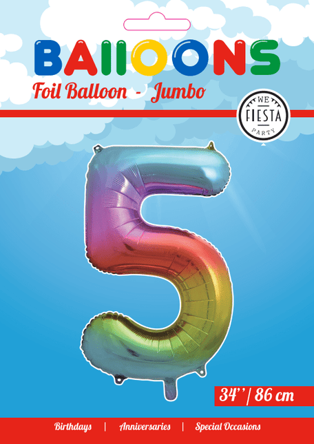 Folie Ballon Cijfer 5 Regenboog XL 86cm leeg van WeFiesta koop je bij Partywinkel