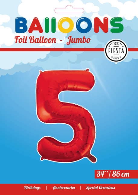 Folie Ballon Cijfer 5 Rood XL 86cm leeg van WeFiesta koop je bij Partywinkel