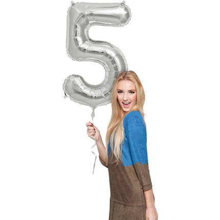 Folie Ballon Cijfer 5 Zilver Metallic XL 86cm leeg van Folat koop je bij Partywinkel