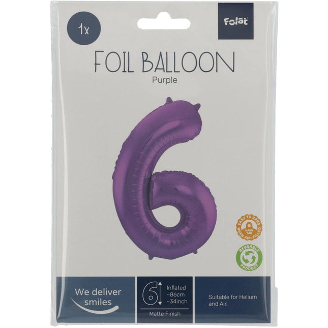 Folie Ballon Cijfer 6 Mat Paars XL 86cm leeg van Folat koop je bij Partywinkel