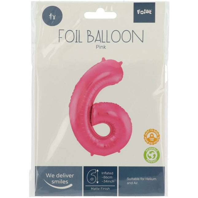 Folie Ballon Cijfer 6 Mat Roze XL 86cm leeg van Folat koop je bij Partywinkel