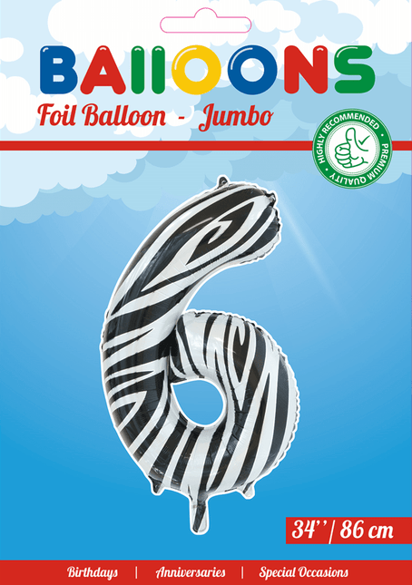 Folie Ballon Cijfer 6 Zebra XL 86cm leeg van WeFiesta koop je bij Partywinkel