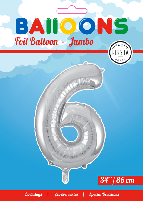 Folie Ballon Cijfer 6 Zilver XL 86cm leeg van WeFiesta koop je bij Partywinkel