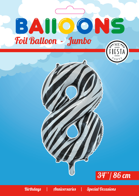 Folie Ballon Cijfer 8 Zebra XL 86cm leeg van WeFiesta koop je bij Partywinkel
