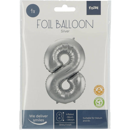 Folie Ballon Cijfer 8 Zilver Metallic XL 86cm leeg van Folat koop je bij Partywinkel