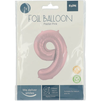 Folie Ballon Cijfer 9 Pastel Roze XL 86cm leeg van Folat koop je bij Partywinkel