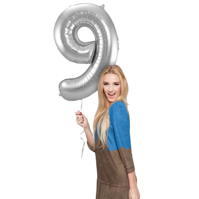 Folie Ballon Cijfer 9 Zilver Metallic XL 86cm leeg van Folat koop je bij Partywinkel