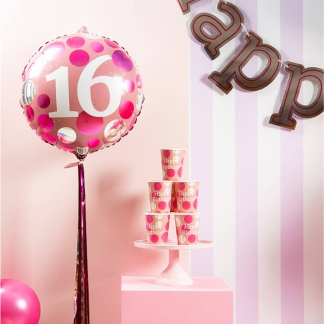 Folieballon Glossy Pink 16 Jaar - 45cm van Folat koop je bij Partywinkel