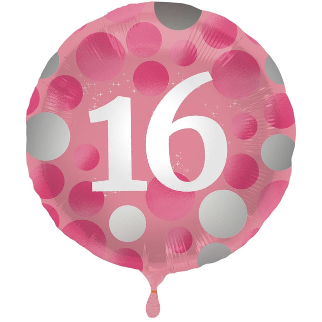 Folieballon Glossy Pink 16 Jaar - 45cm van Folat koop je bij Partywinkel