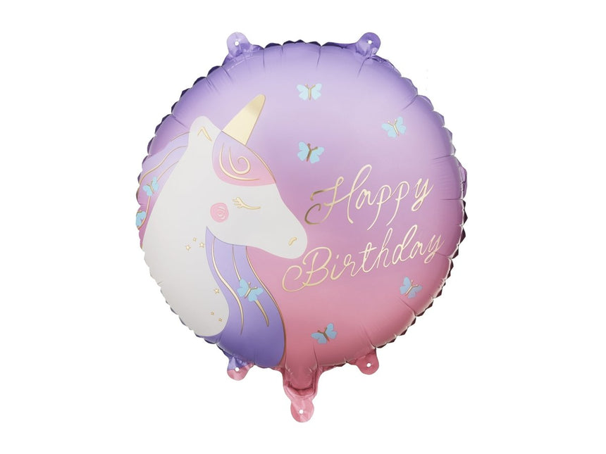 Folieballon rond Happy Birthday met eenhoorn, 35x35 cm, mix van Partydeco koop je bij Partywinkel