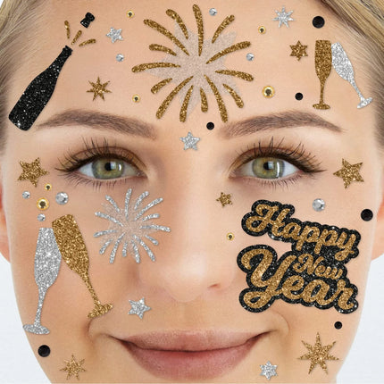 Guld- och silverfärgade tillfälliga tatueringar för ansiktet med glitter – Gott nytt år