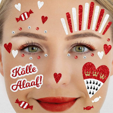 Röda och vita fejk-tatueringar, ansikte, glitter, Kölle, Alaaf