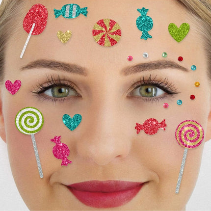 Färgade falska tatueringar, ansikte, glitter, godis, 21-årsfest